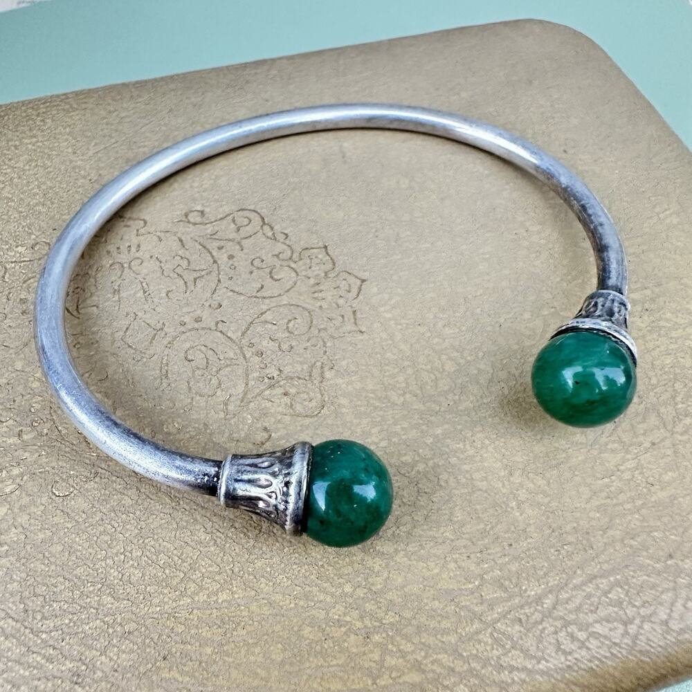 Sterling Silver Aventurine Cuff Bracelet Green Stone Ball Torque 925 Medieval